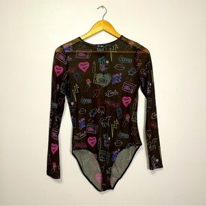 NWT Laser Kitten Mesh Sheer Black Long Sleeve Neon Bodysuit
